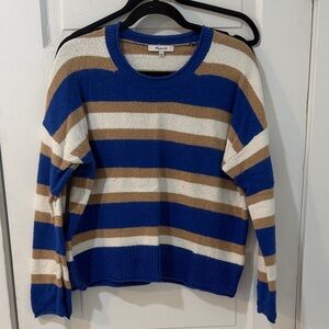 Madewell Blue and Tan Striped Crew Neck Sweater